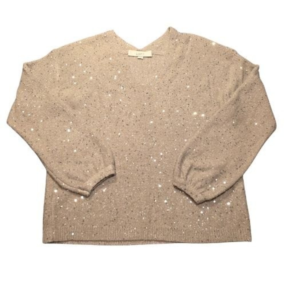 LOFT Womens V-Neck Sequin Sweater Gray Balloon Sleeve Sparkle Knit XS Holiday